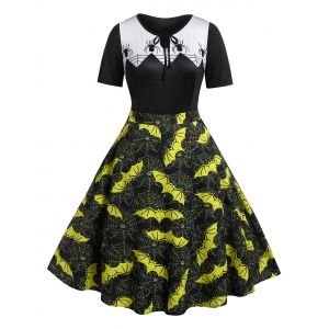

Plus Size Bat Spider Web Print Vintage Halloween Dress, Black