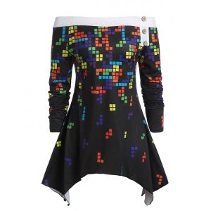 

Plus Size Handkerchief Off Shoulder Tetris Print T-shirt, Black