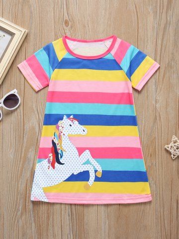

Girls Colorful Striped Horse Graphic Short Sleeve Dress, Multi