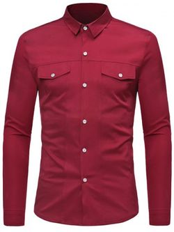 False Pocket Decoration Button Down Long-sleeved Shirt - RED WINE - M