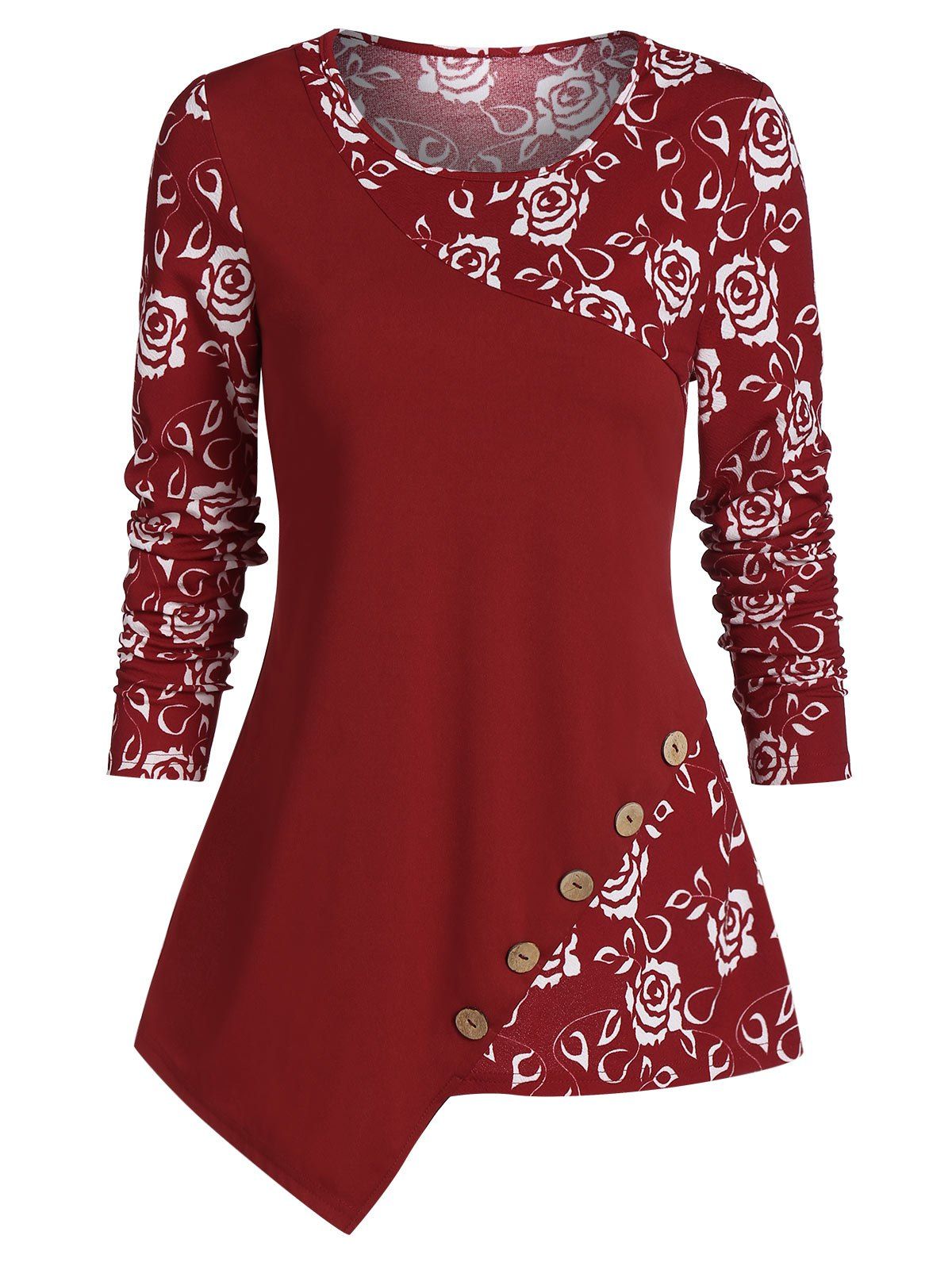 

Round Collar Ditsy Print Button Asymmetric T Shirt, Red wine