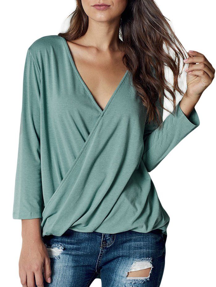

Low Cut Dip Hem Surplice T-shirt, Light sea green