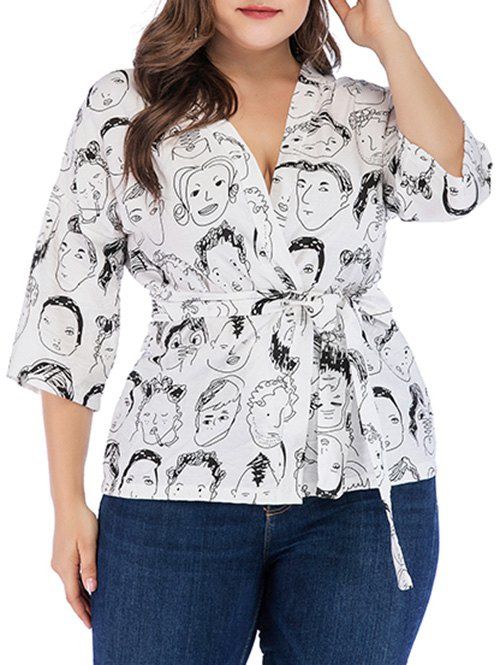 

Plus Size Head Print Drop Shoulder Wrap Blouse, White
