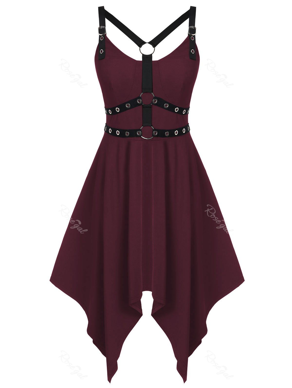 

Plus Size Asymmetric V Neck Mini Gothic Dress, Red wine