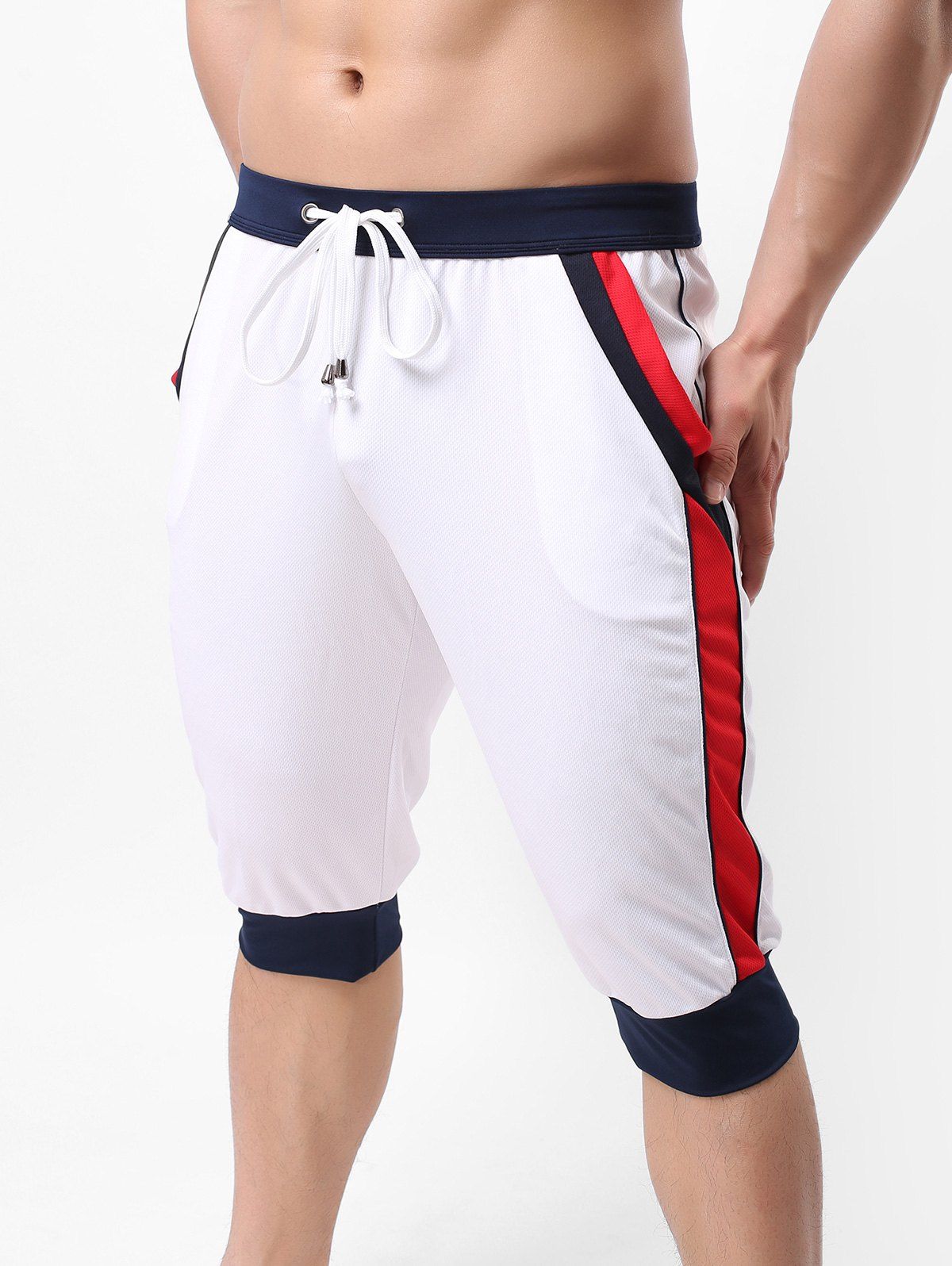 

Color Block Pointelle Drawstring Jogger Capri Pants, White