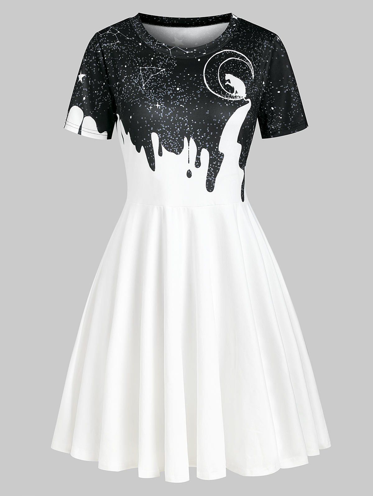 

Cat Moon Starry Sky Print Short Sleeve Dress, Multi-a