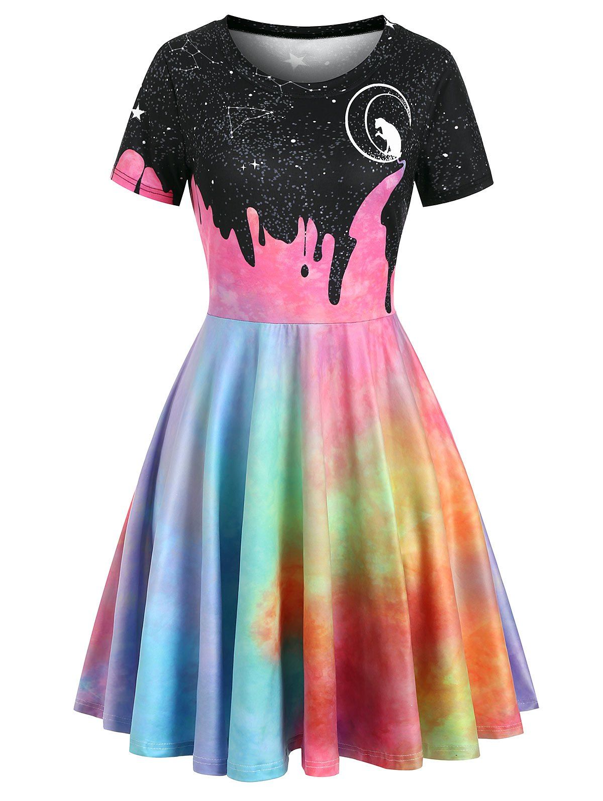

Cat Moon Starry Sky Print Short Sleeve Dress, Multi-b