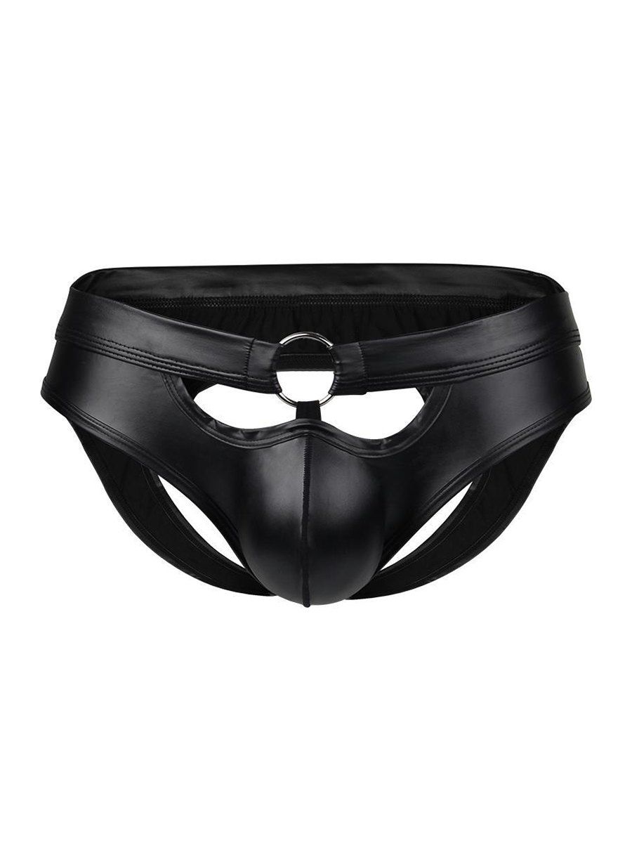 

Sexy Faux Leather O-ring Cut Out High Rise Briefs, Black