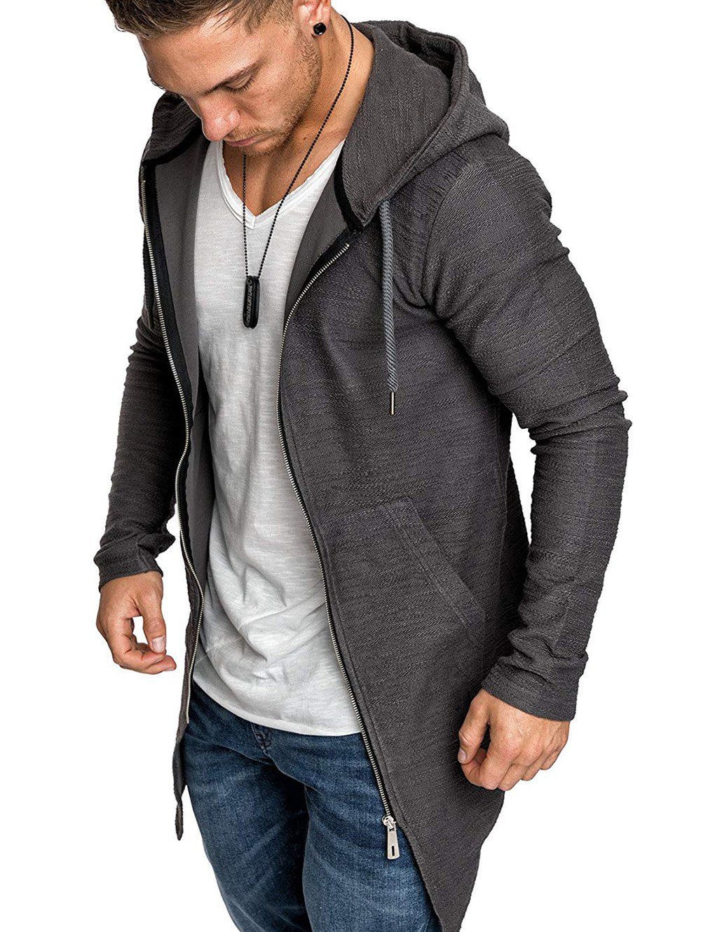 

Plain Zip Up Longline Swallowtail Hoodie, Dark gray