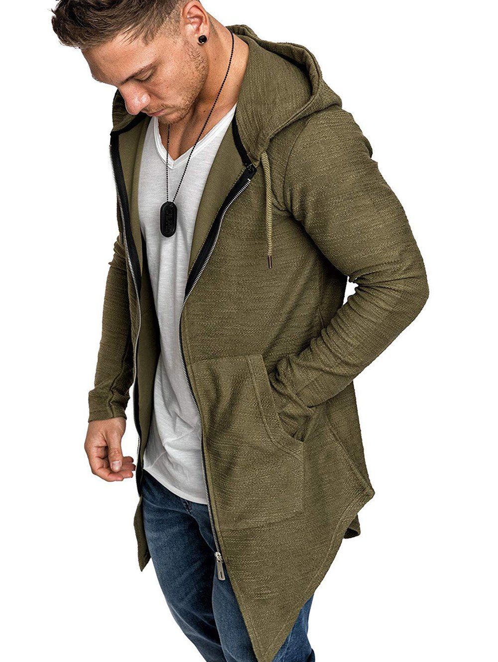 

Plain Zip Up Longline Swallowtail Hoodie, Army green