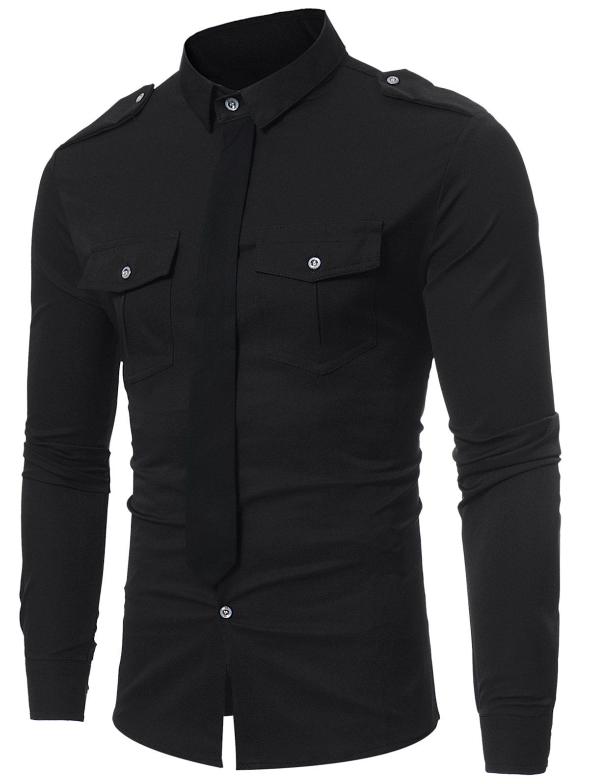 

Faux Tie Decoration Long Sleeves Shirt, Black