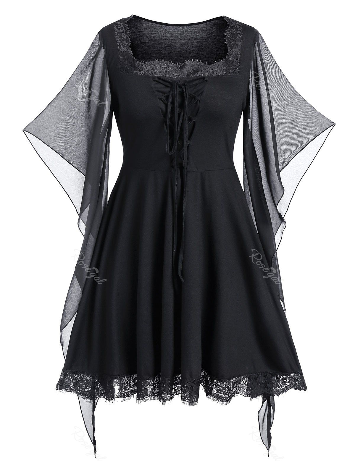 

Plus Size Butterfly Print Lace Up Gothic Halloween Top, Black