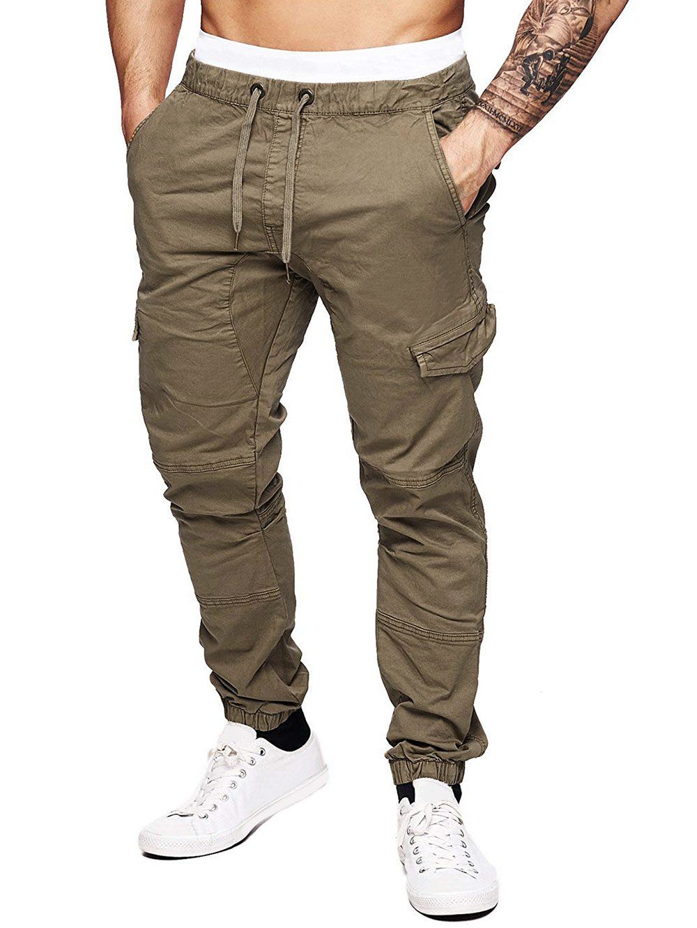 

Solid Color Splicing Faux Back Pocket Casual Jogger Pants, Light khaki