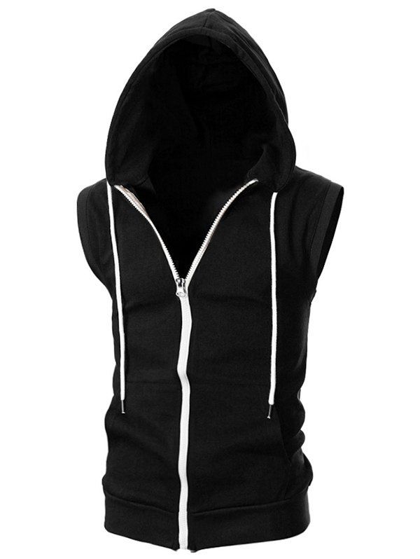 

Solid Color Zipper Sport Sleeveless Hoodie, Black