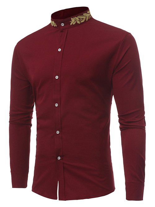 

Leaf Embroidery Stand Collar Long-sleeved Shirt, Red wine