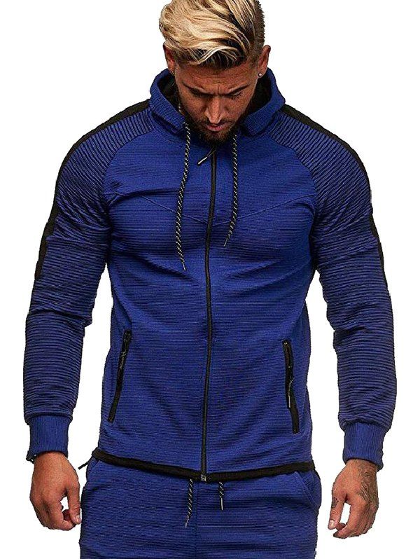 

Two Tone Striped Sleeve Zip Up Hoodie, Blue