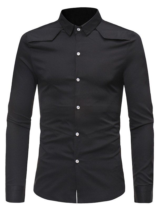 

Solid Color Button Down Long-sleeved Base Shirt, Black