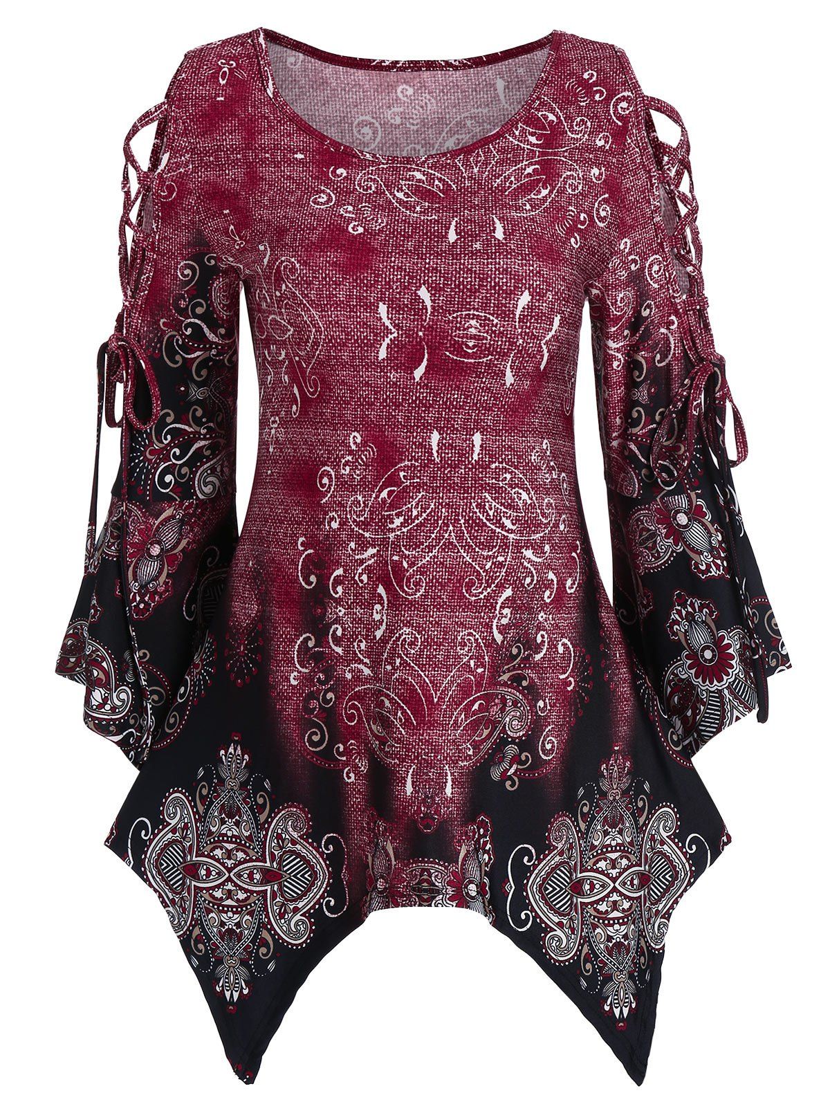 

Lace Up Printed Asymmetrical T Shirt, Red wine