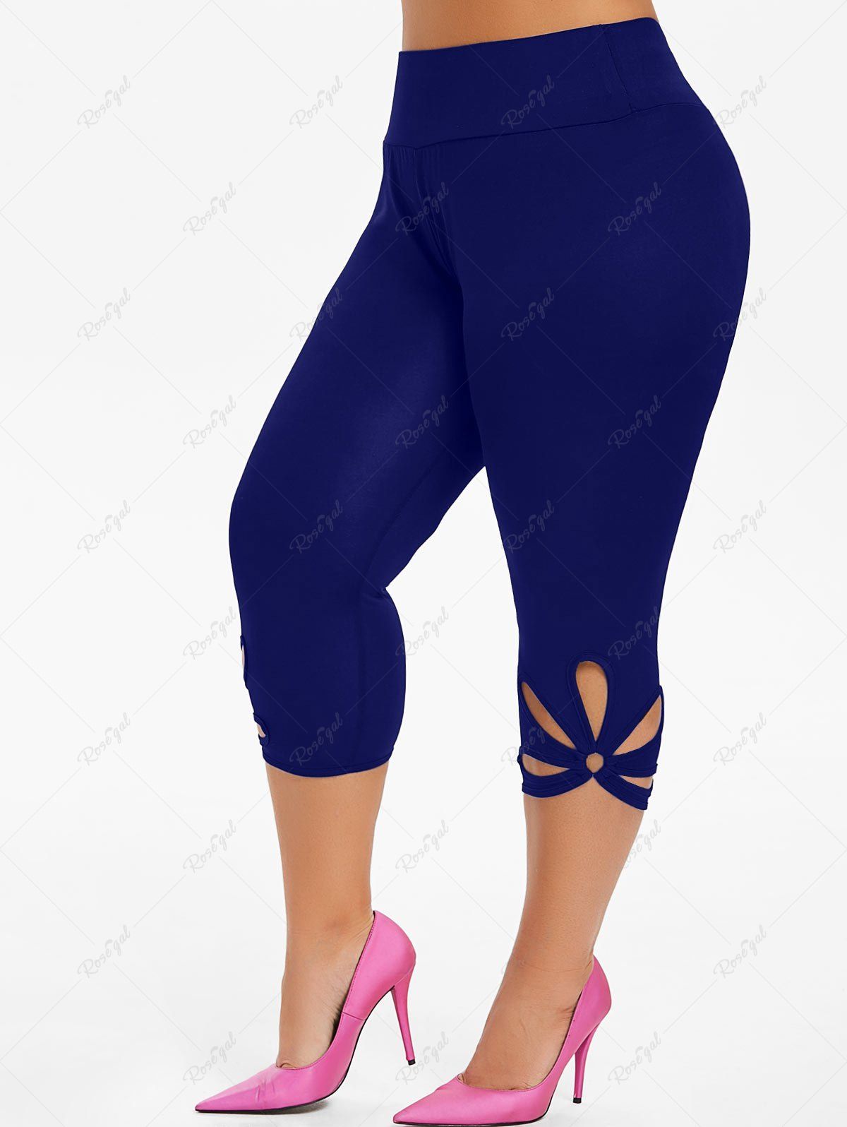 Capri Metal Ring Cut Out Plus Size Leggings, Blue