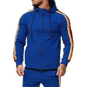 

Colorful Striped Trim Zip Up Drawstring Hoodie, Blue