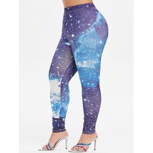 

Plus Size High Rise 3D Galaxy Print Leggings, Blueberry blue