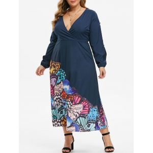 

Plus Size Low Cut Butterfly Print Split Sleeve Maxi Dress, Deep blue