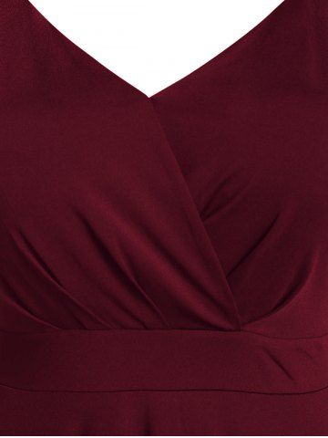 

Plus Size A Line Solid V Neck Vintage Dress, Red wine