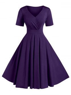 Plus Size A Line Solid V Neck Vintage Dress - PURPLE IRIS - 4X