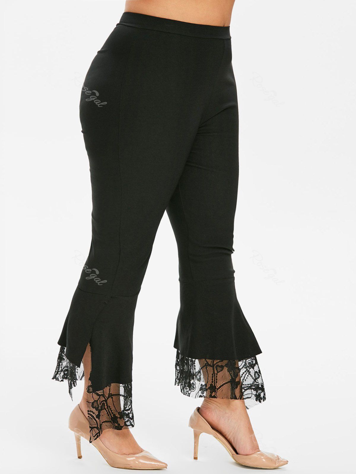 

High Waisted Slit Lace Panel Plus Size Flare Pants, Black