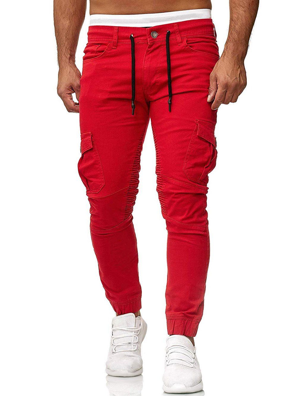 

Pleated Trim Drawstring Cargo Jogger Pants, Red