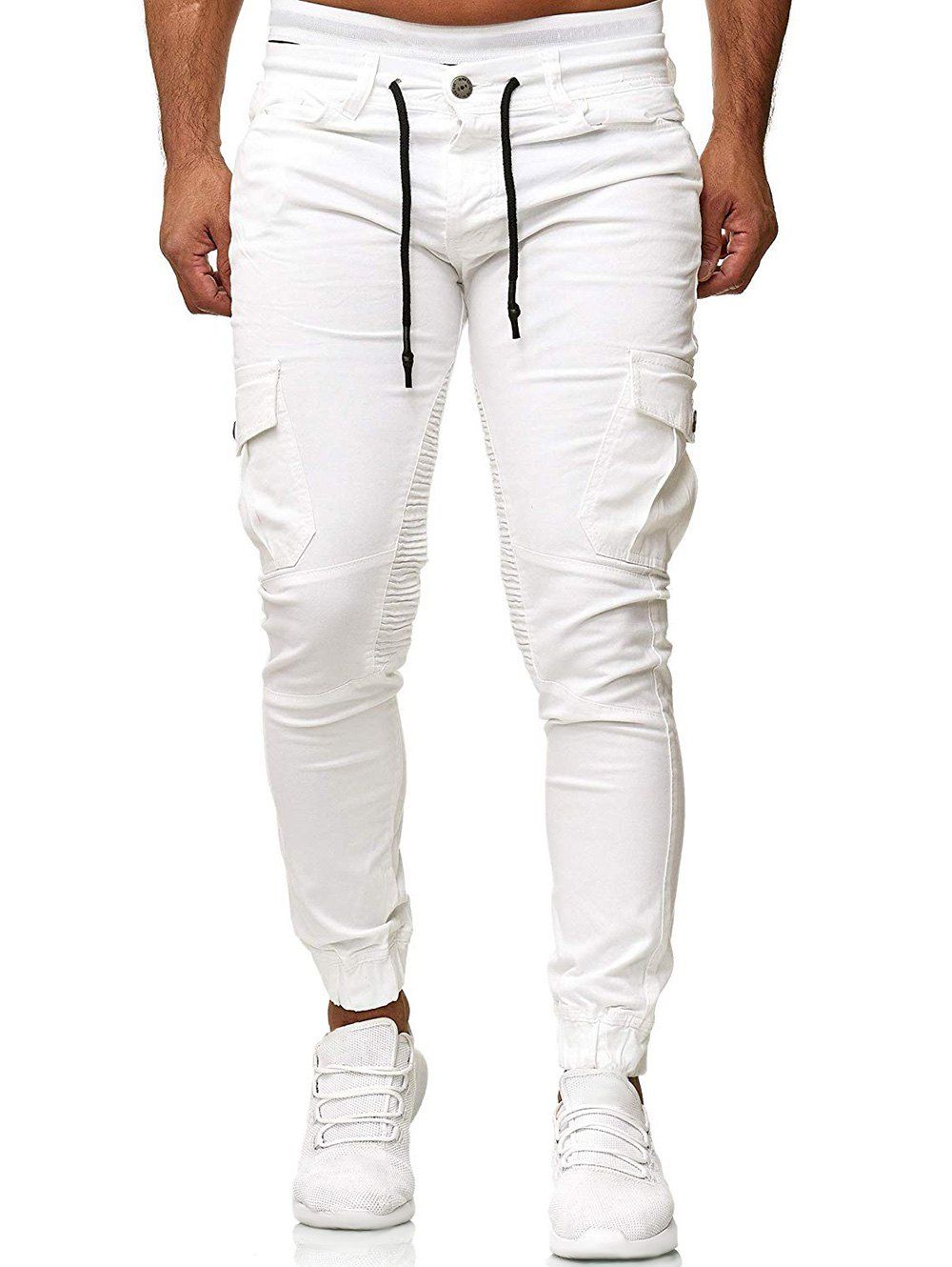 

Pleated Trim Drawstring Cargo Jogger Pants, White