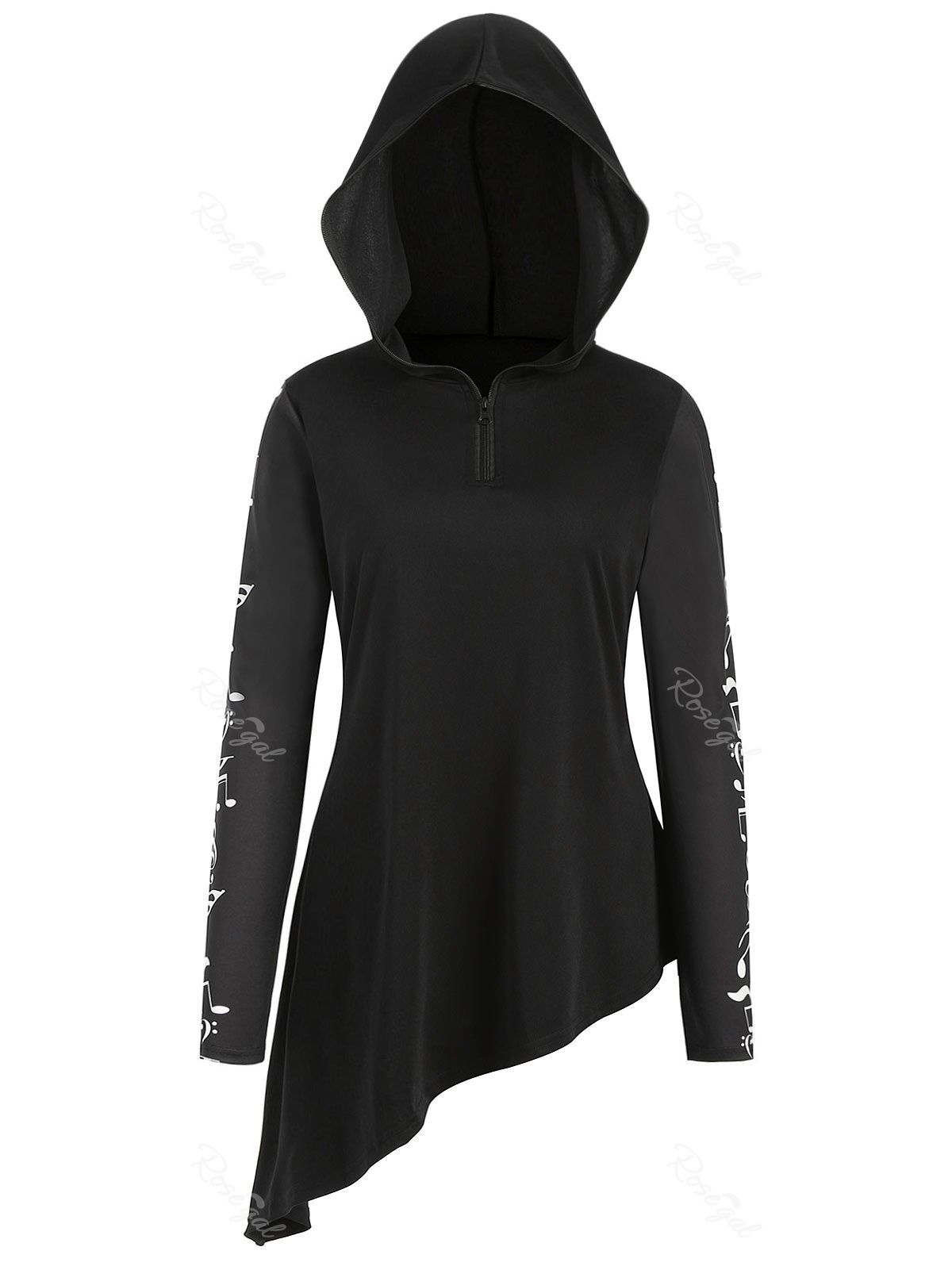 

Plus Size Music Note Print Asymmetrical Hoodie, Black