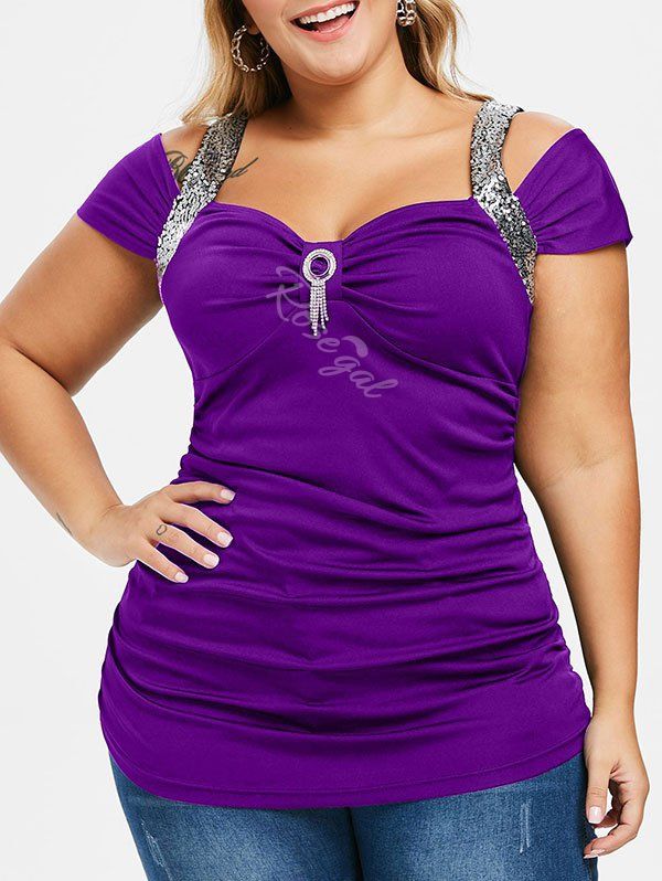 

Plus Size Glitter Open Shoulder T Shirt, Purple flower