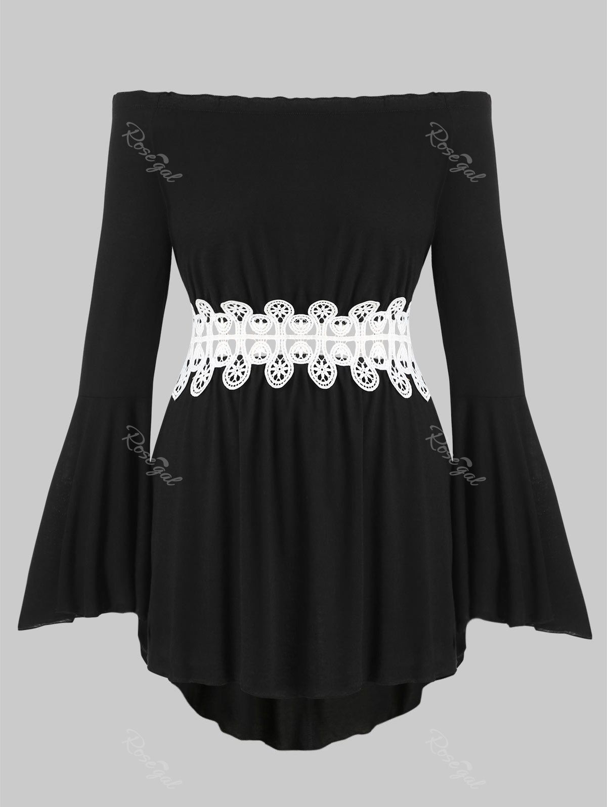 

Crochet Lace Panel Off Shoulder Flare Sleeve Plus Size Top, Black