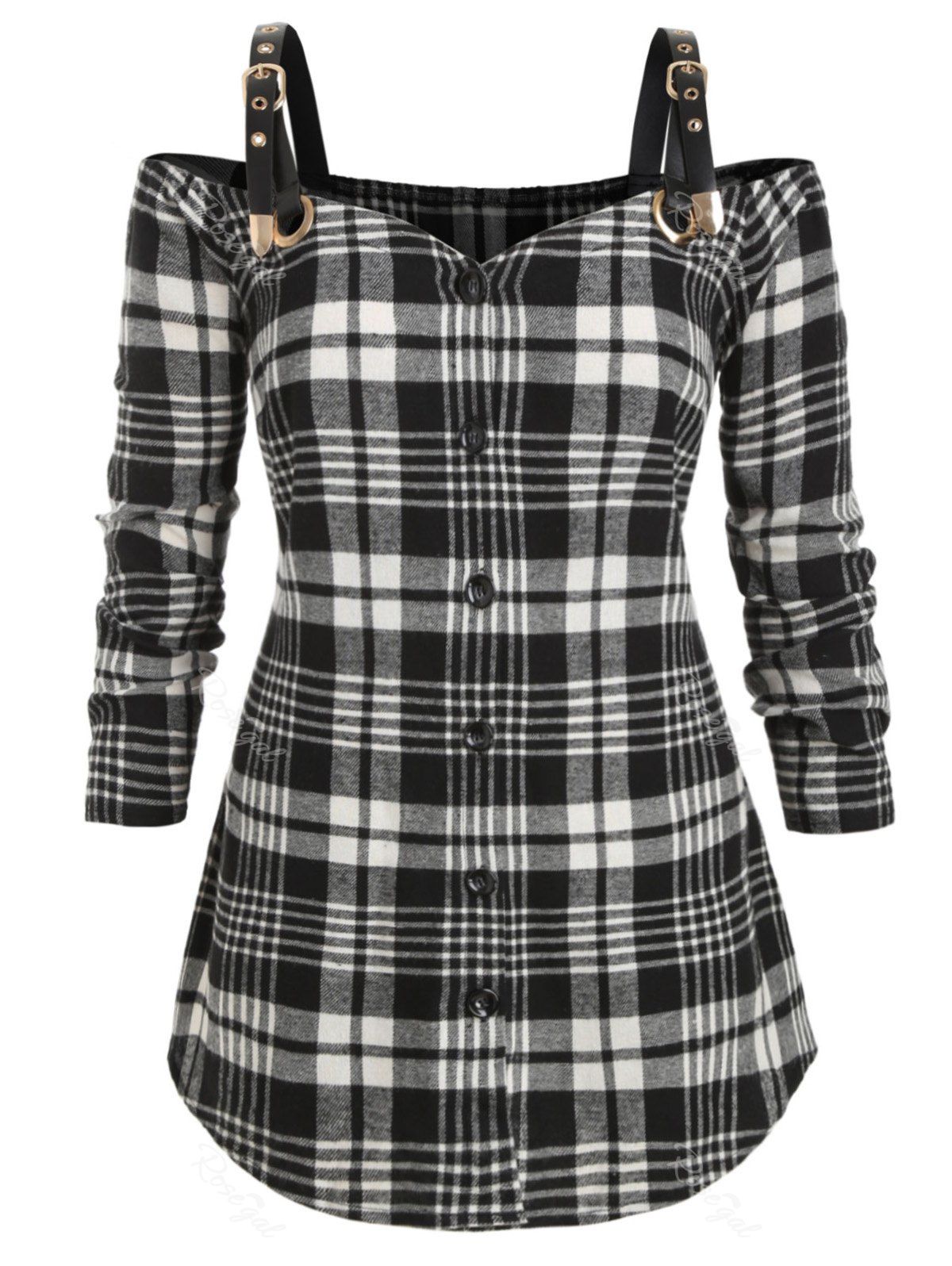 

Button Up Buckle Cold Shoulder Plaid Plus Size Top, Black