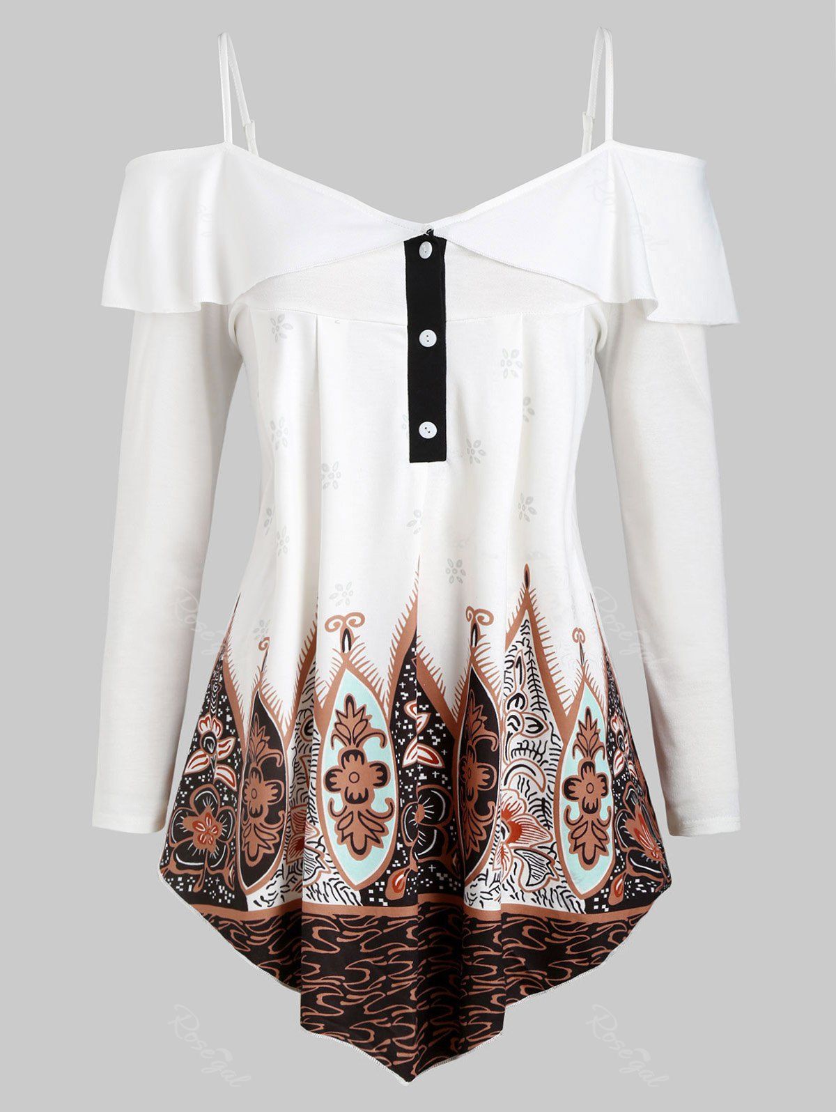 

Half Buttoned Printed Cold Shoulder Plus Size Top, White