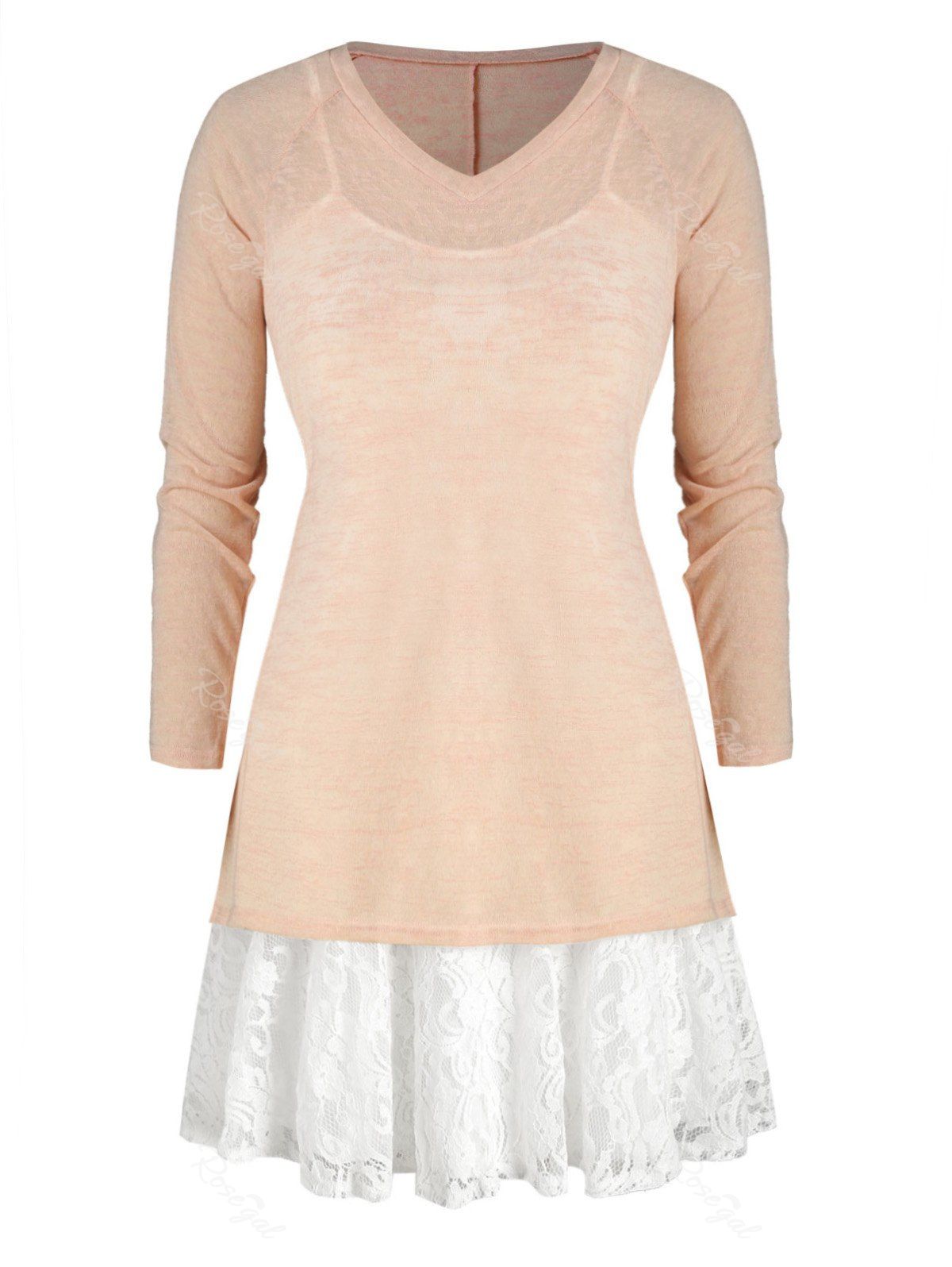 

Plus Size Cami Lace Panel Dress And V Neck Knit Top, Apricot