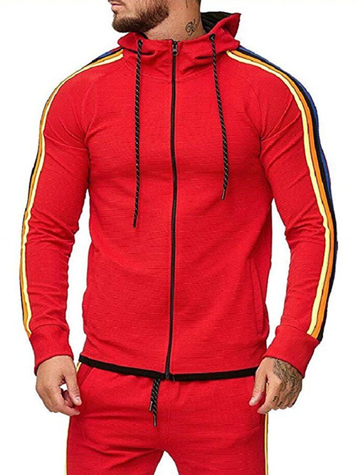 

Colorful Striped Trim Zip Up Drawstring Hoodie, Red