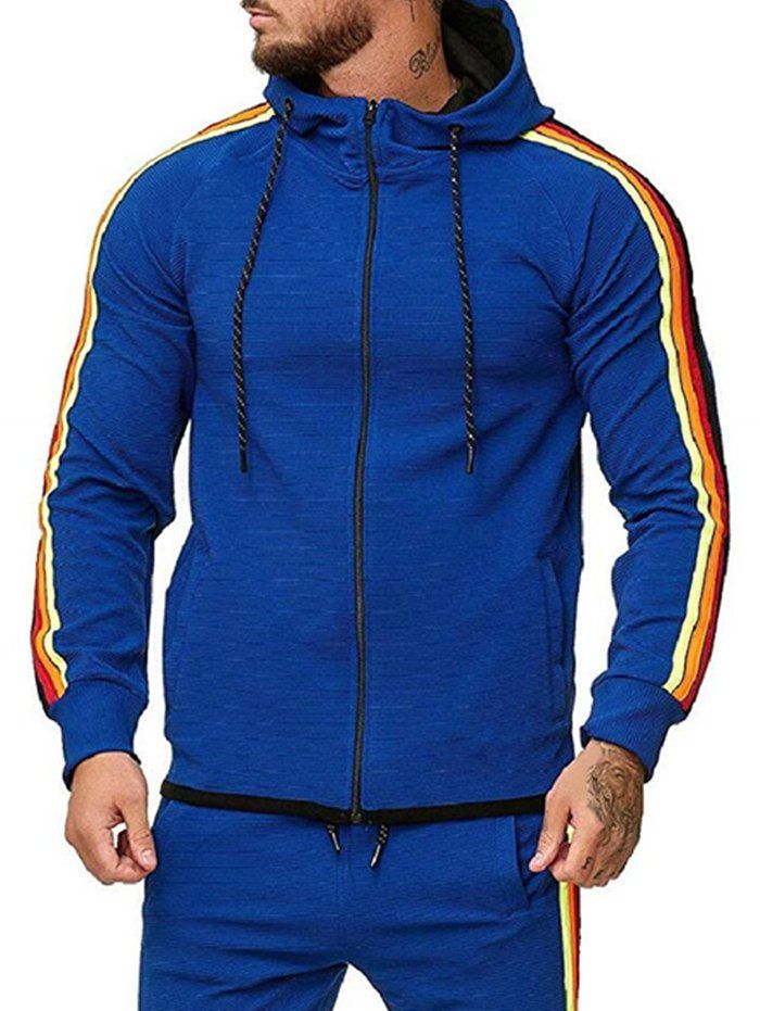 

Colorful Striped Trim Zip Up Drawstring Hoodie, Blue