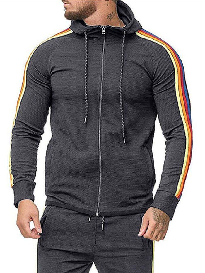 

Colorful Striped Trim Zip Up Drawstring Hoodie, Dark gray
