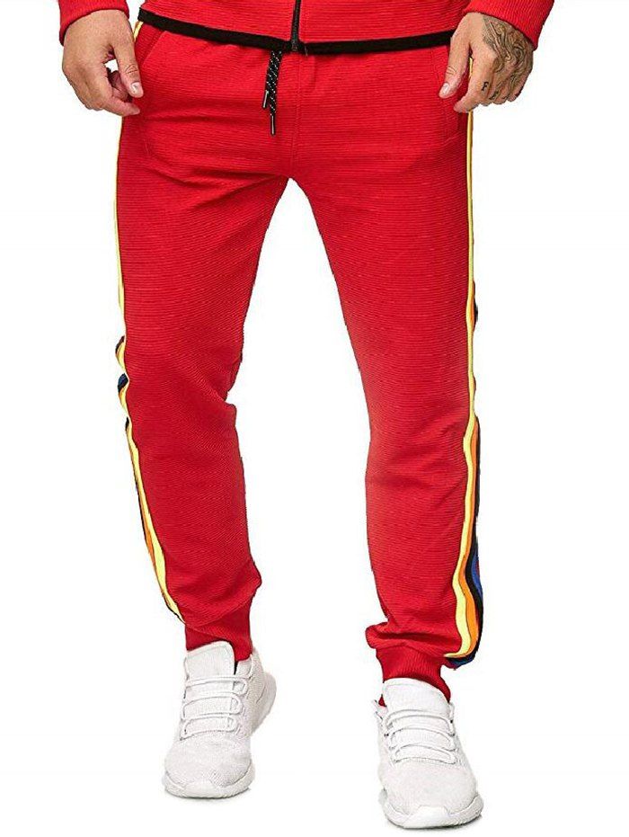 

Side Colorful Striped Drawstring Jogger Pants, Red