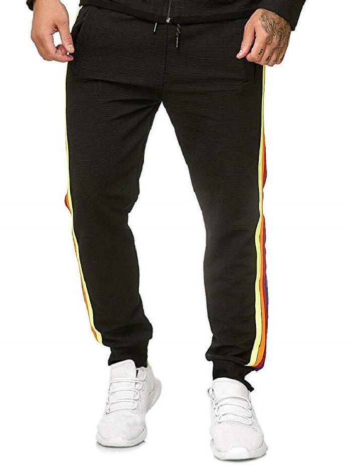 

Side Colorful Striped Drawstring Jogger Pants, Black