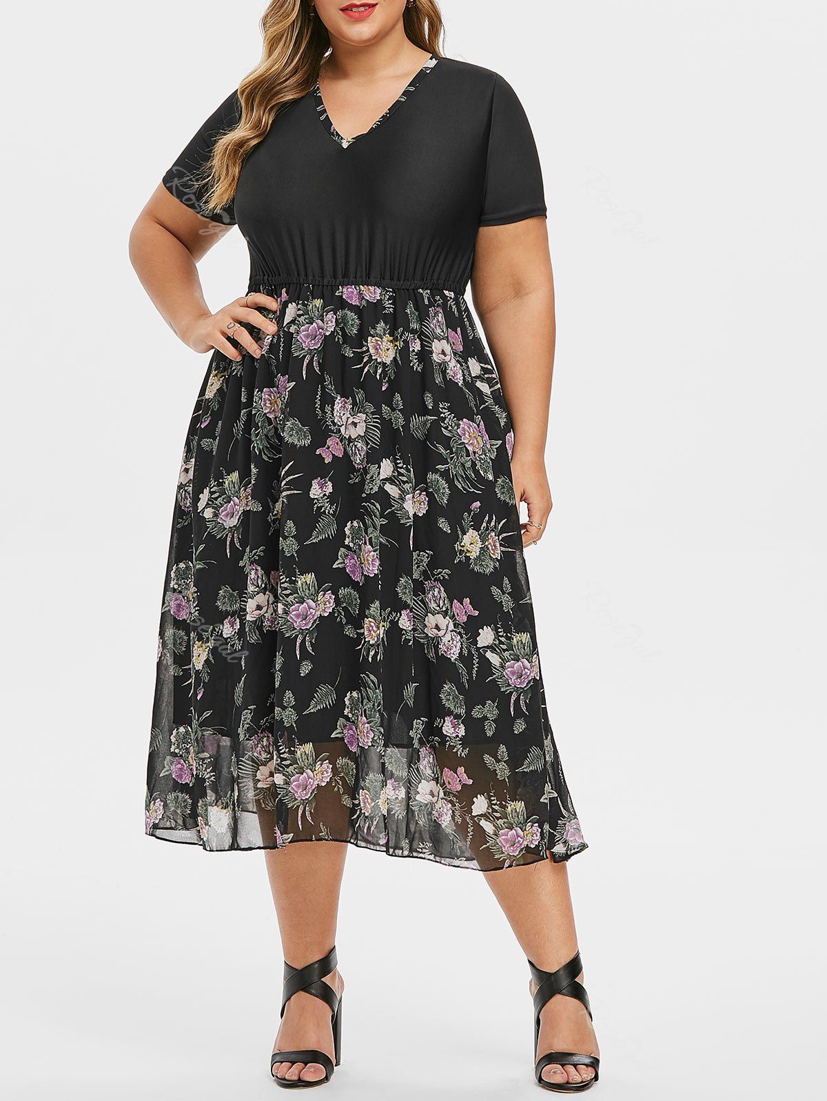 

V Neck Contrast Floral A Line Plus Size Dress, Black