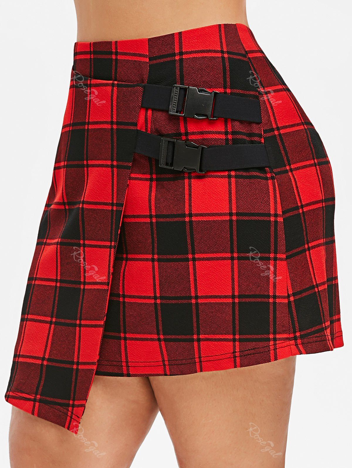 

Plus Size Plaid Print Snap Buckle Overlay Skirt, Lava red