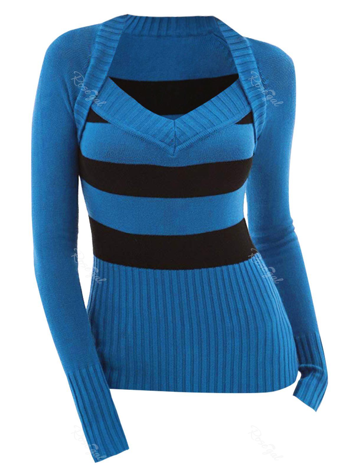 

V Neck Pullover Color Block Stripes Plus Size Sweater, Blue