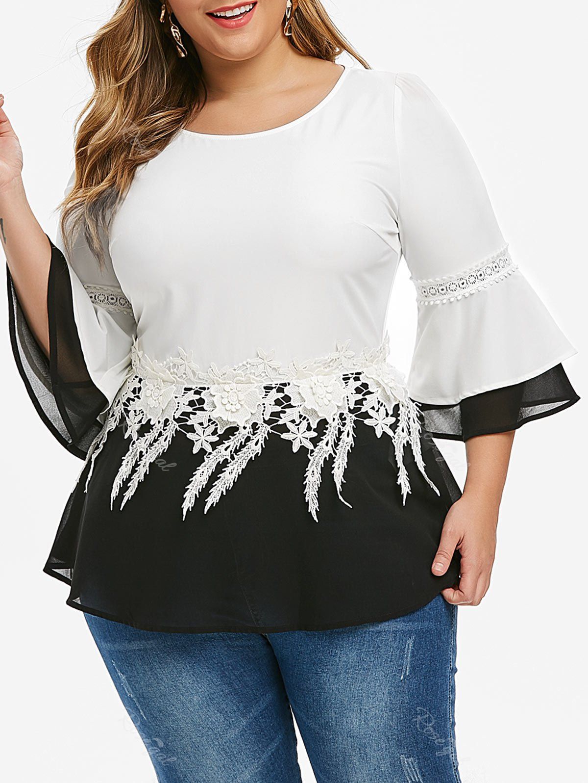 

Plus Size Flare Sleeve Applique Panel Keyhole Tunic Blouse, Multi