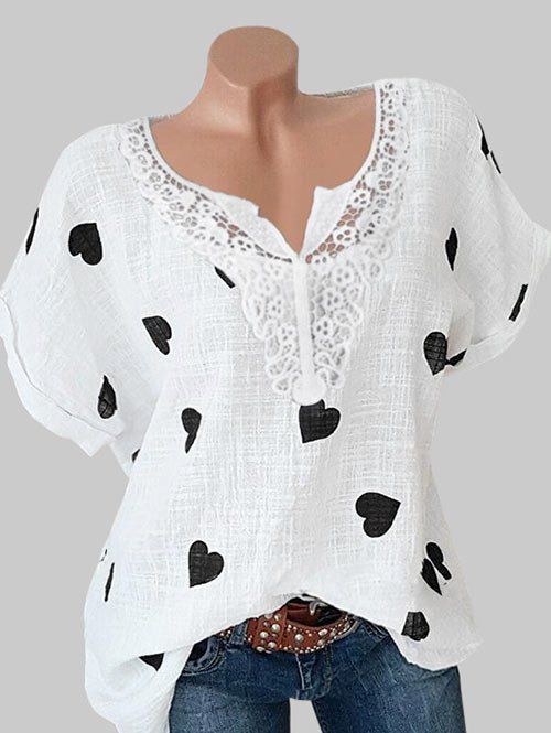 

Heart Print Applique Blouse, White