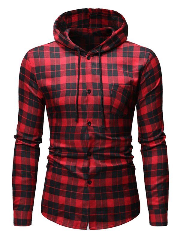 

Plaid Print Long Sleeves Hooded Shirt, Red