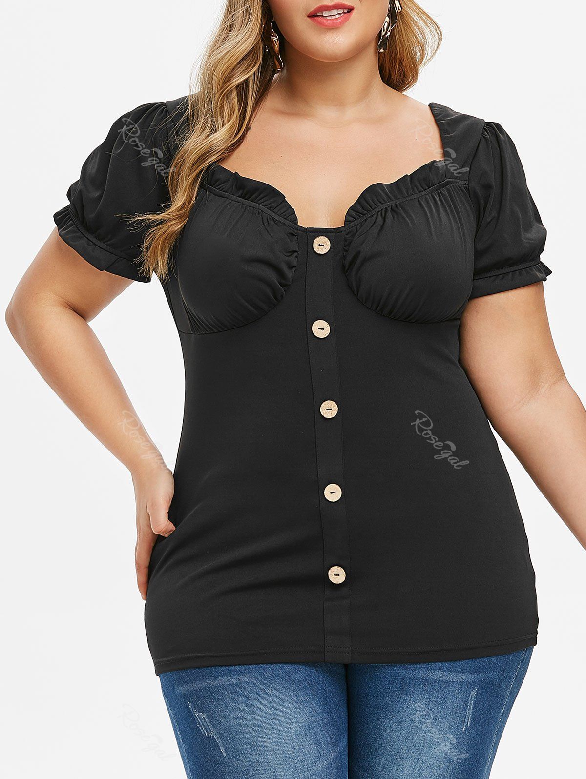 

Plus Size Puff Sleeve Pleated Button T Shirt, Black