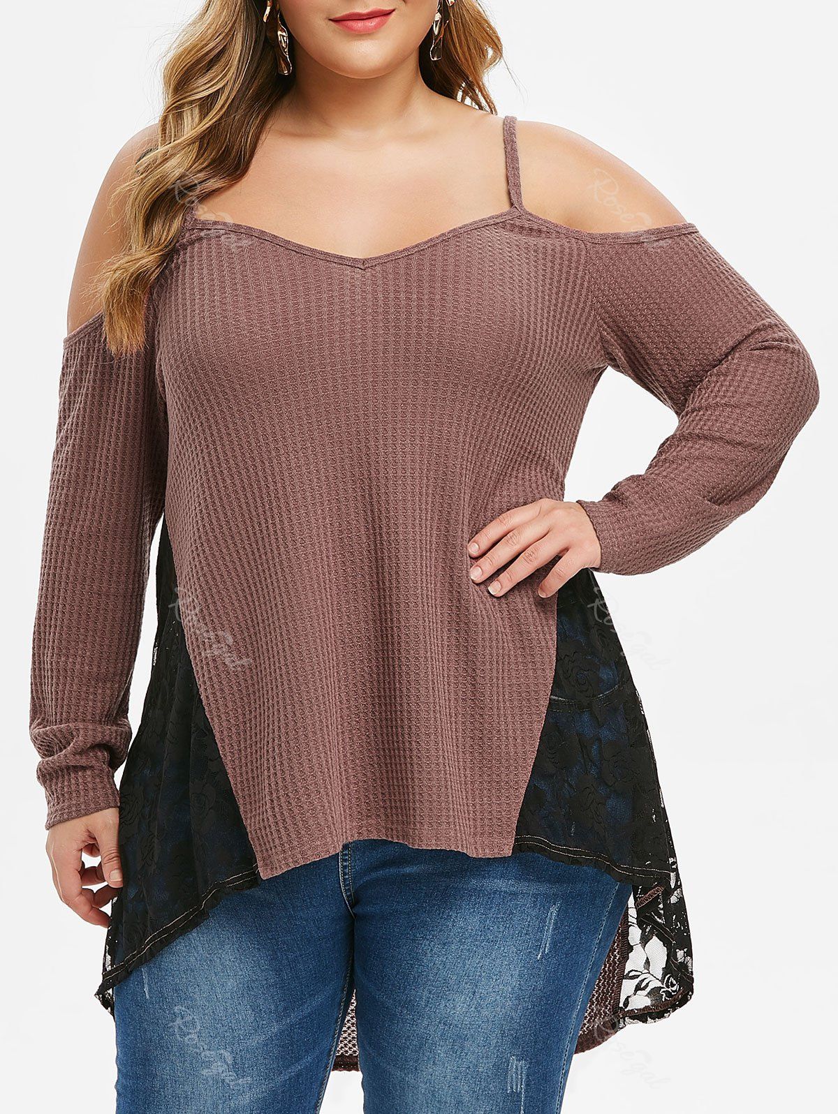 

Plus Size High Low Cami Cold Shoulder Sweater, Cherry red